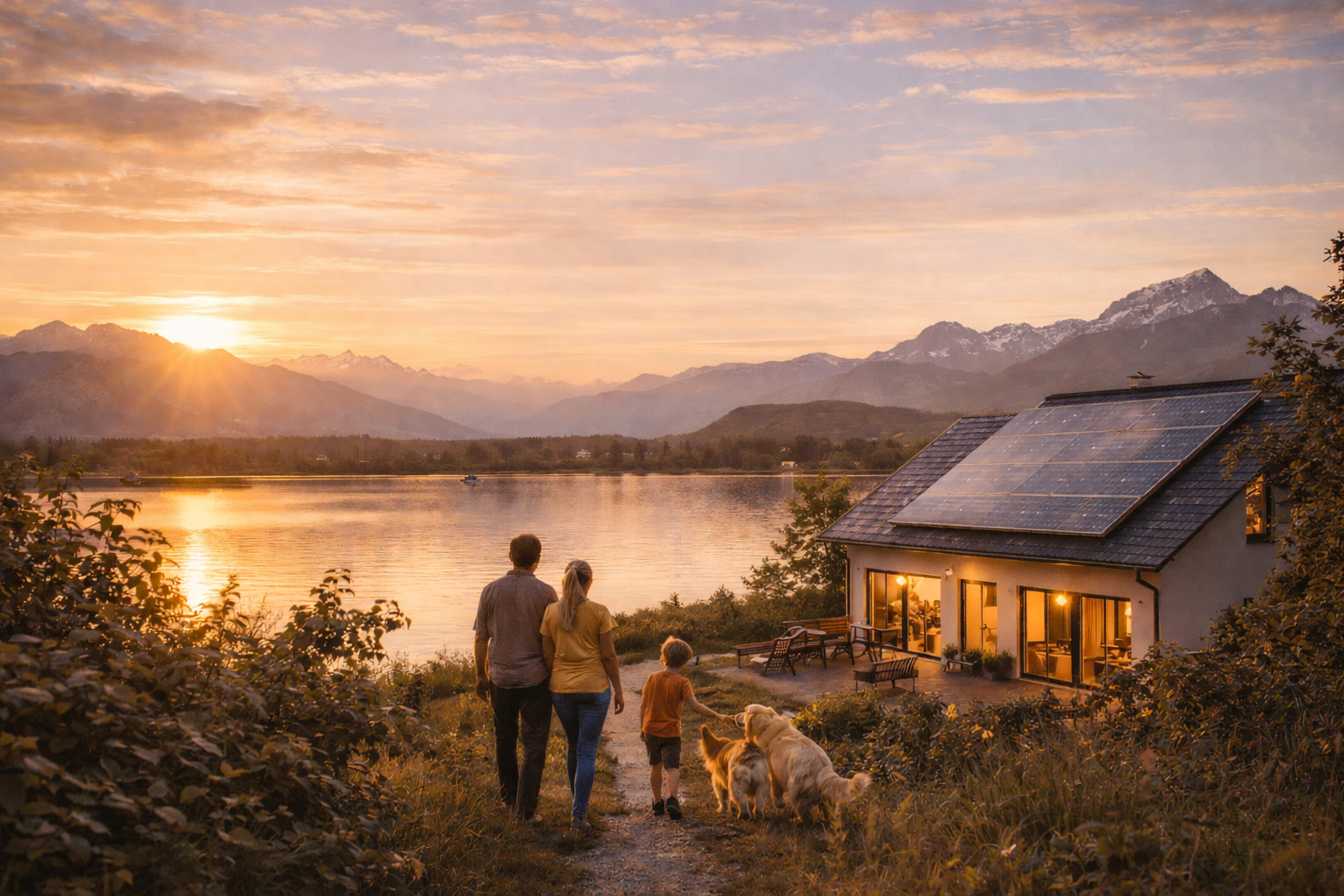 Familie vor Haus mit Solaranlage am See bei Sonnenuntergang