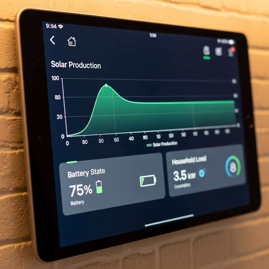 Smart-Home-Tablet mit Echtzeit-Anzeige von Solarproduktion und Verbrauch