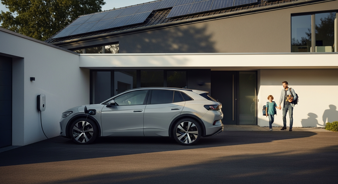 Familie lädt ihr Elektroauto zu Hause mit Solarstrom vom Dach in München