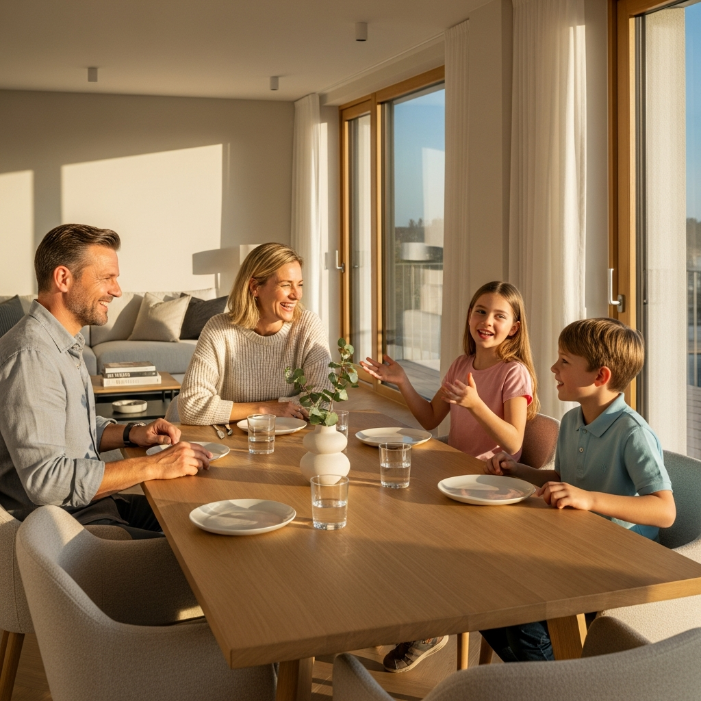 Familie im Münchner Einfamilienhaus mit Photovoltaikanlage