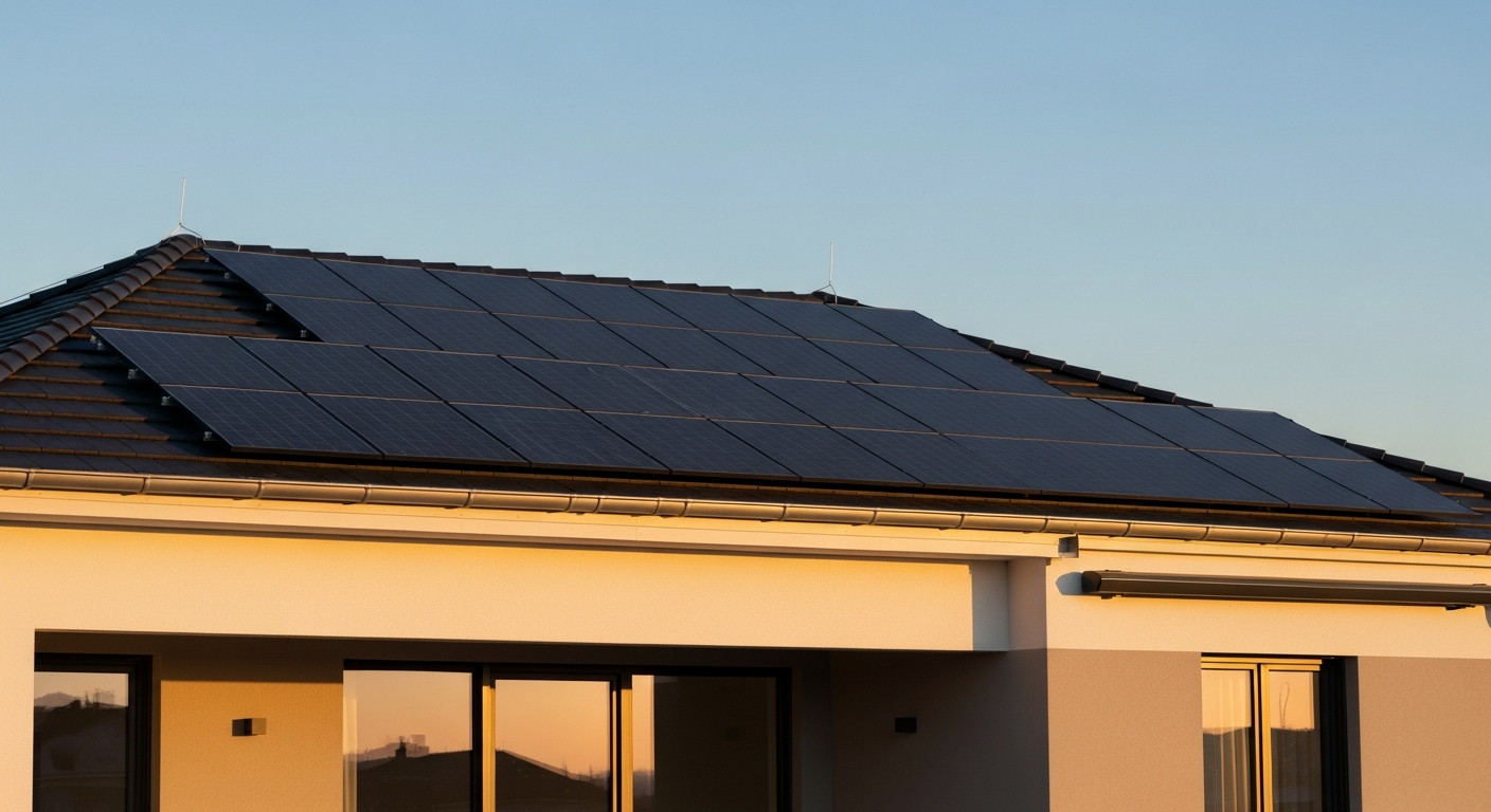 Moderne Photovoltaikanlage auf einem Einfamilienhaus in München bei Sonnenuntergang