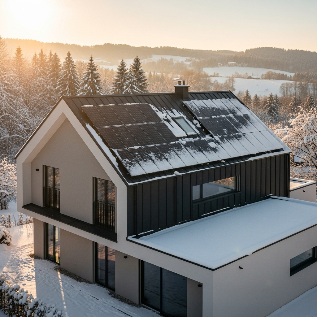 Winterliche Photovoltaikanlage auf einem Münchner Haus