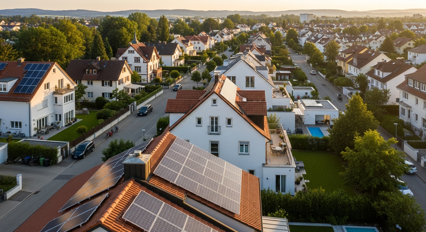 Wohngebiet in Dachau mit mehreren Häusern mit Photovoltaikanlagen als Beitrag zur regionalen Energiewende