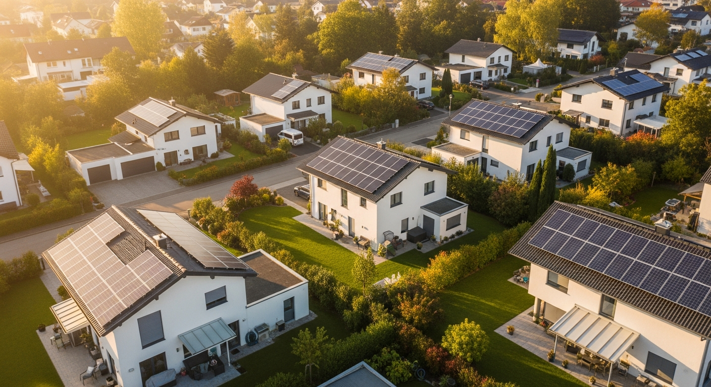 Wohnsiedlung in Germering mit Solaranlagen auf den Dächern als Beitrag zur regionalen Energiewende