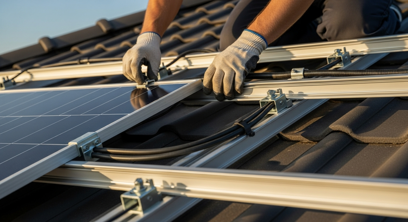 Montage einer Photovoltaikanlage: Solarmodul wird auf den Montageschienen eines Dachs in München befestigt