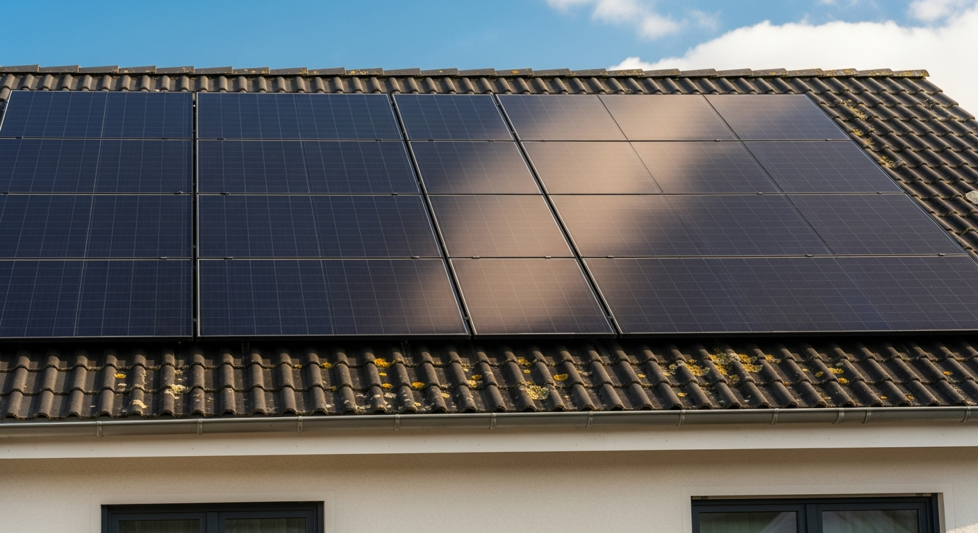 Solaranlage auf einem nach Süden ausgerichteten Satteldach eines Einfamilienhauses in München