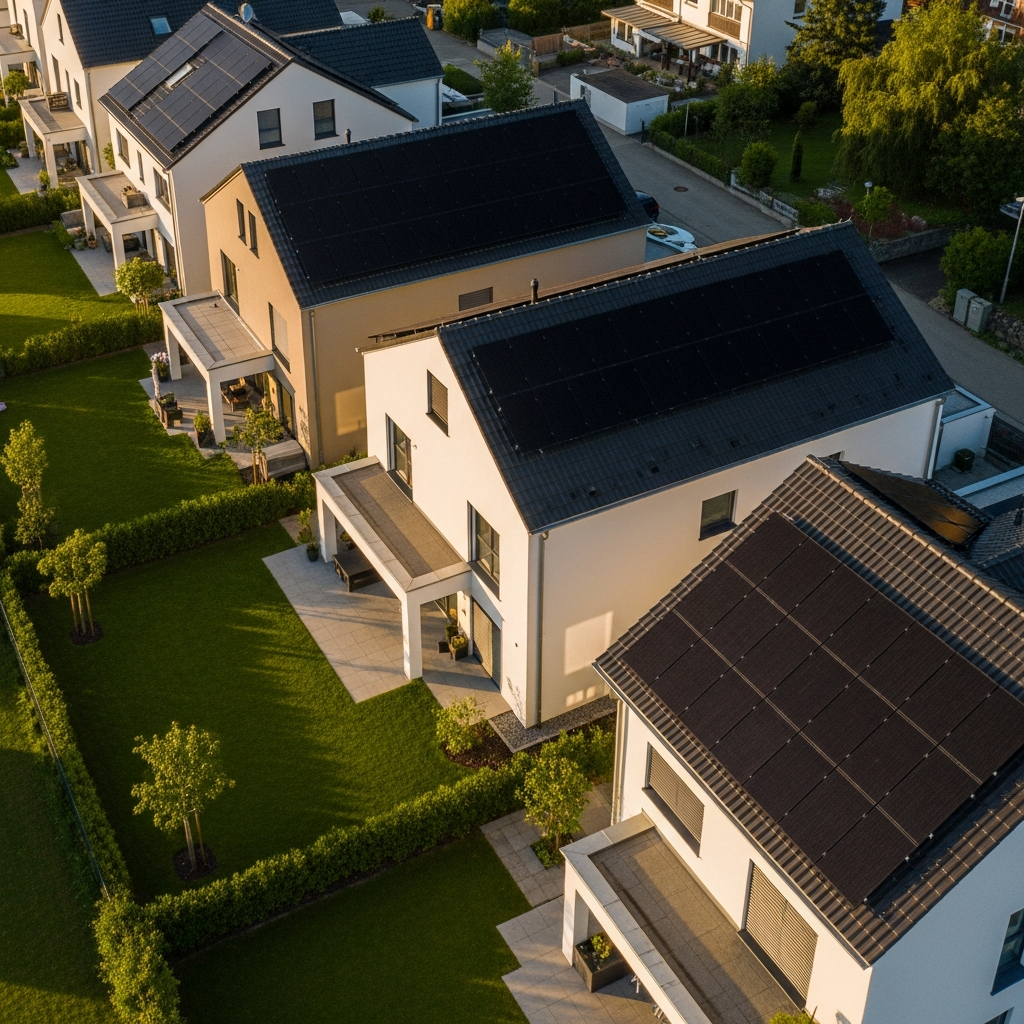 Luftbild moderner Münchner Häuser mit Ost-West-Solaranlagen