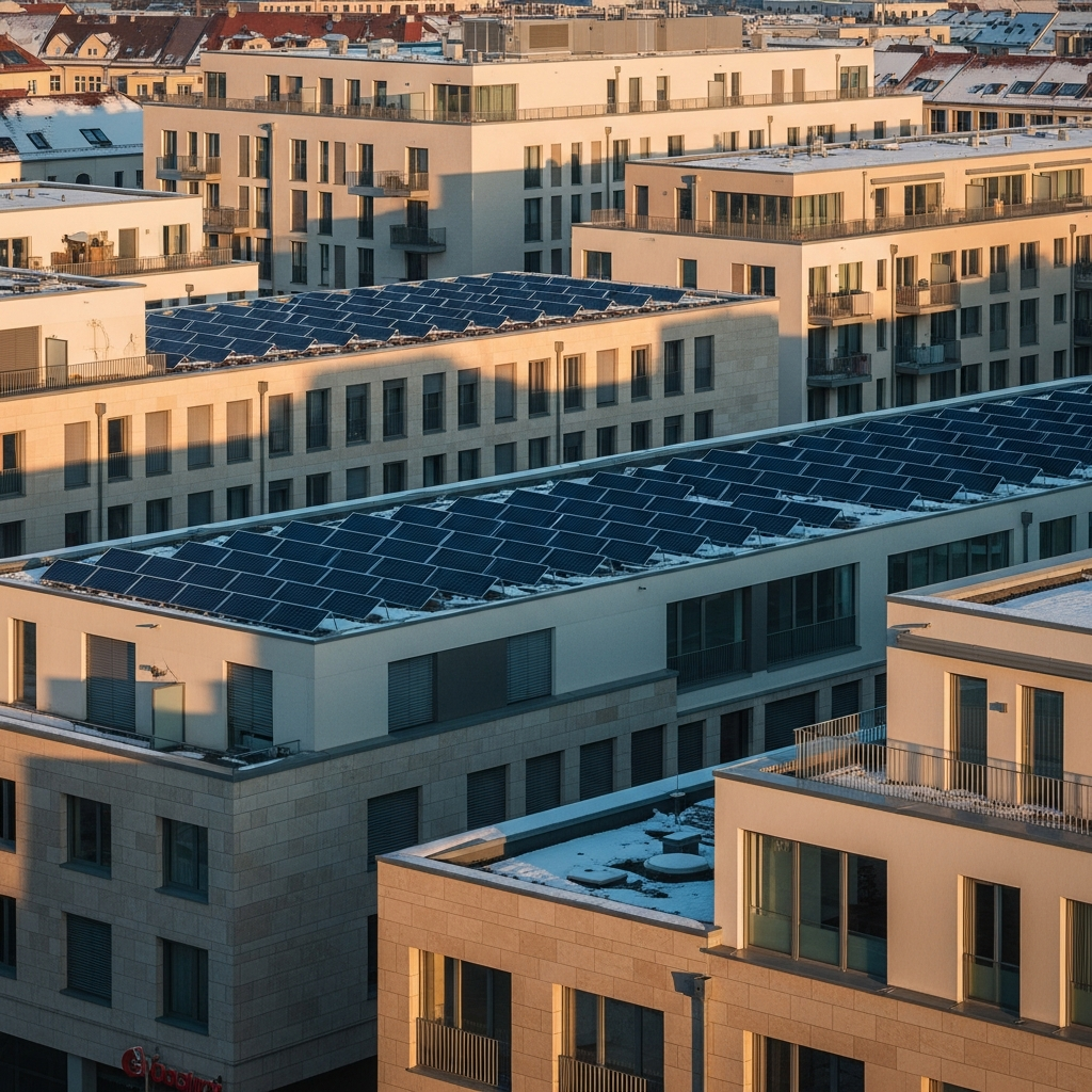 Schatten von Nachbargebäuden auf Münchner Solaranlagen bei Wintersonne
