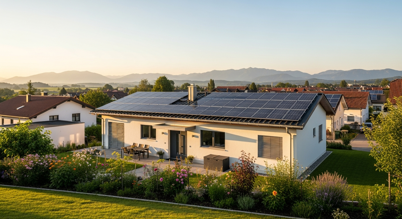 Detailaufnahme einer Solaranlage mit Wechselrichter und Verkabelung in Dachau