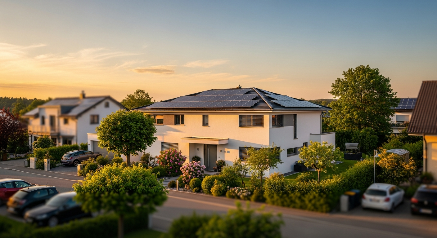 Detailansicht einer modernen Solaranlage mit Wechselrichter an einem Wohnhaus in Germering