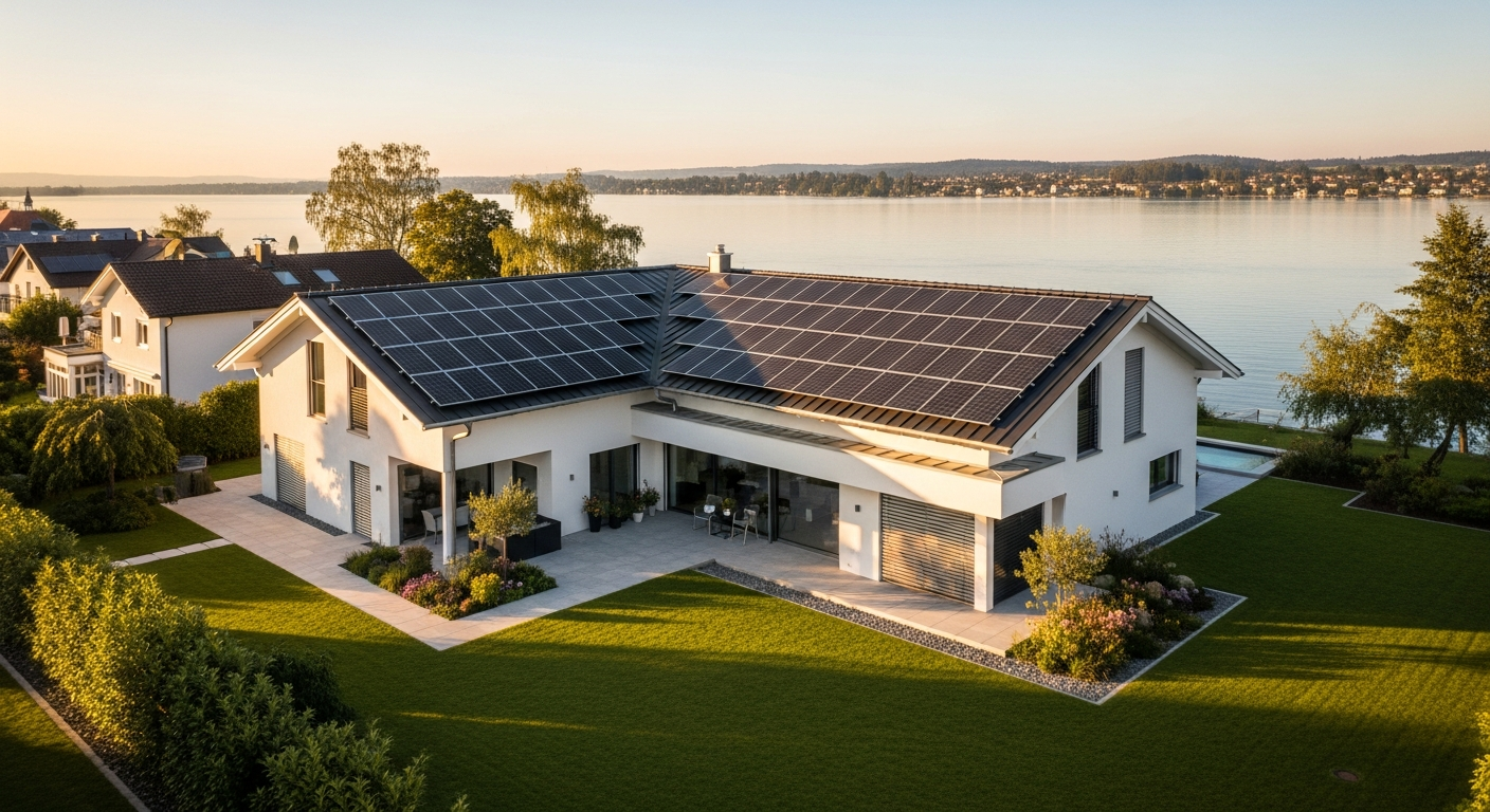 Hochwertige, optisch integrierte Solaranlage mit schwarzen Modulen auf einem anspruchsvollen Dach in Starnberg