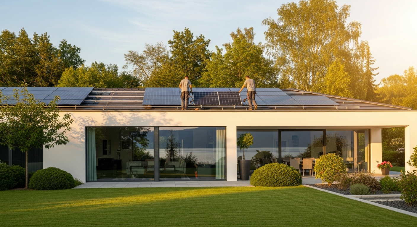 Solaranlage auf dem großen Dach eines freistehenden Einfamilienhauses in Starnberg