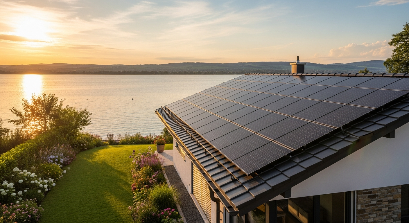 Detailaufnahme einer modernen Solaranlage mit Wechselrichter und Speichertechnik am Starnberger See