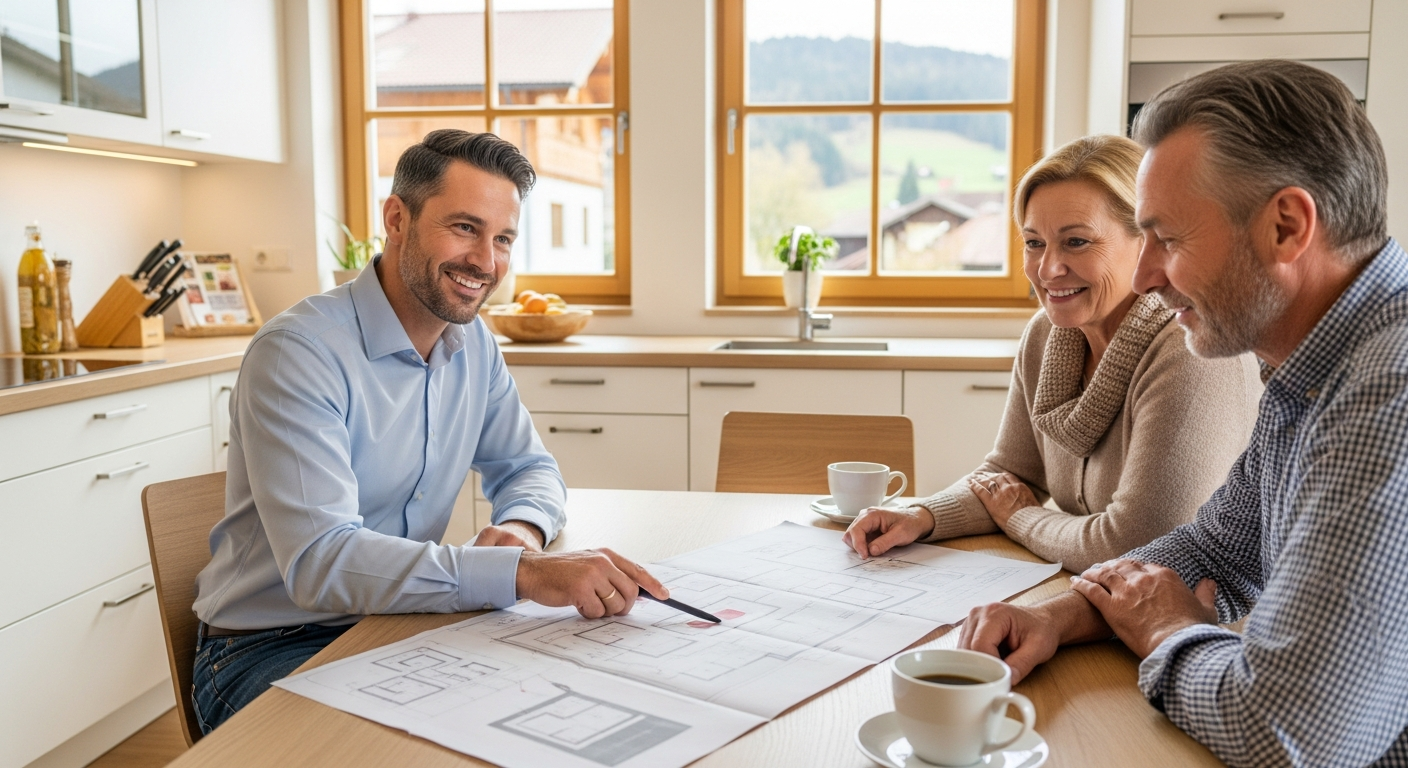 Energieberater und Hauseigentümer besprechen die Förderung für eine Wärmepumpe in München