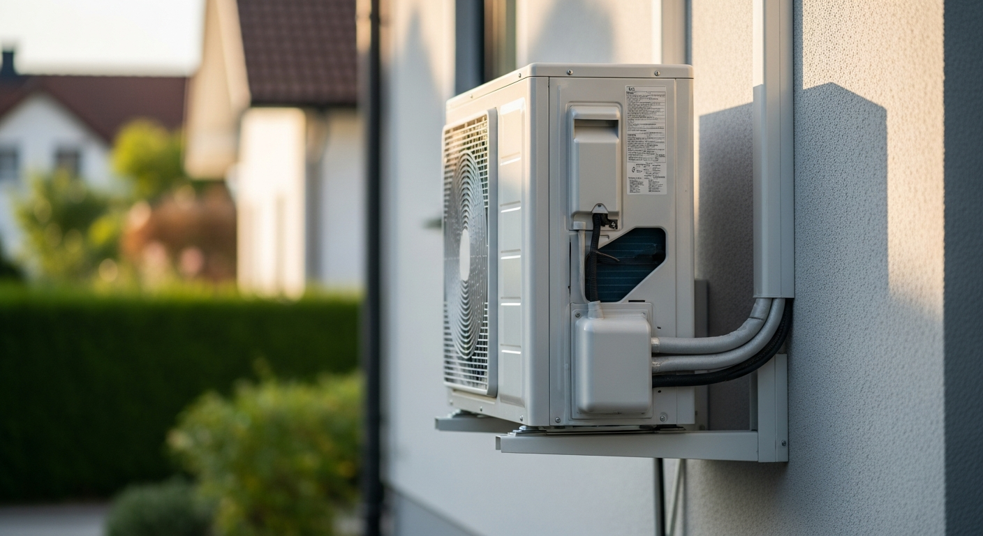 Modernes Luft-Wasser-Wärmepumpen-Außengerät an einem Wohnhaus in München