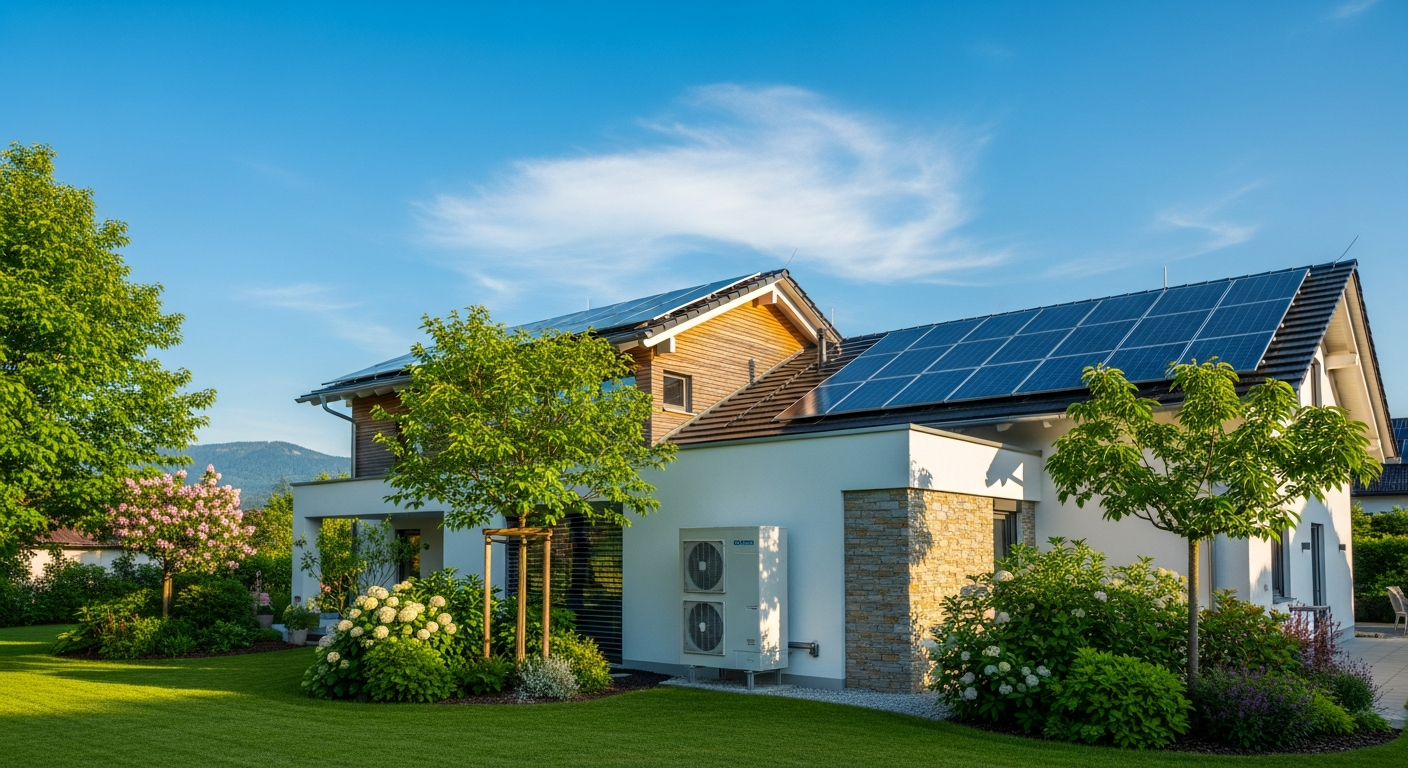 Wärmepumpe und Photovoltaikanlage an einem nachhaltigen Wohnhaus in München