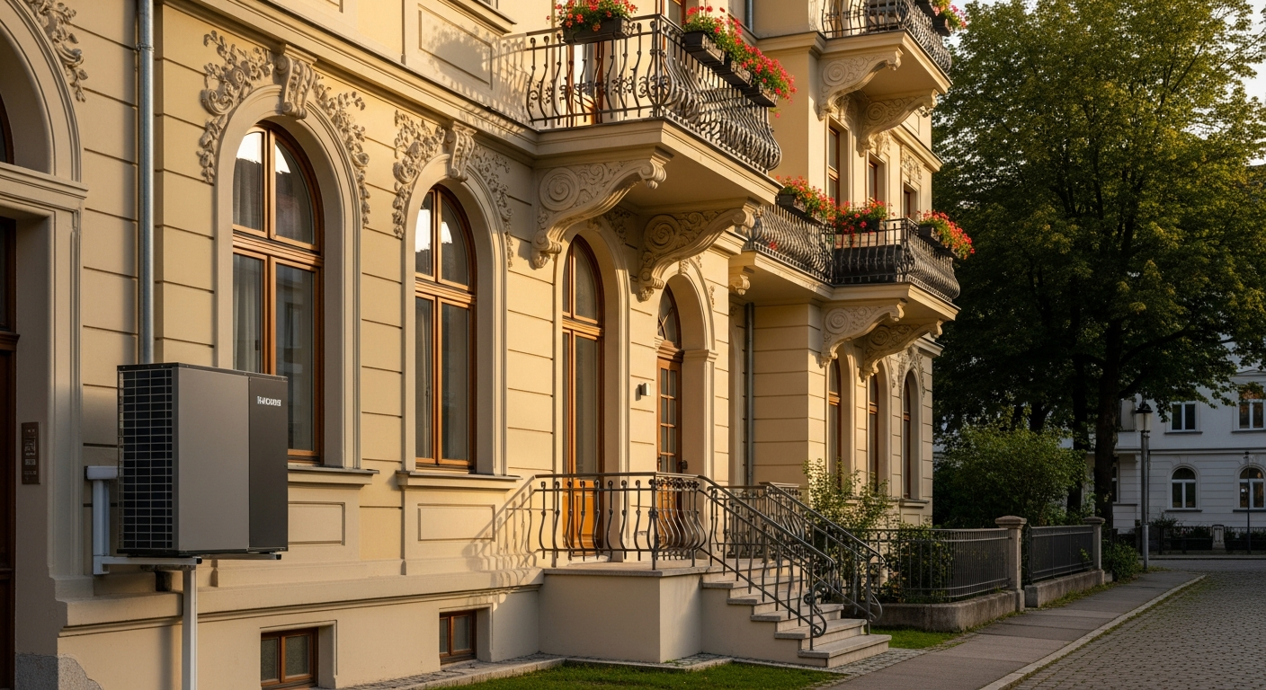 Moderne Wärmepumpe an einem sanierten Altbau in München als Beispiel für den Umstieg im Bestand