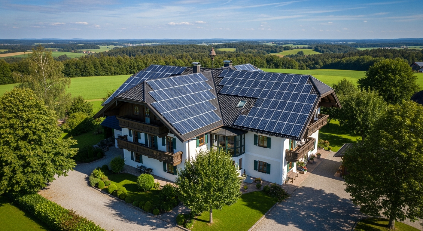 Luftaufnahme einer Photovoltaikanlage auf dem Hausdach