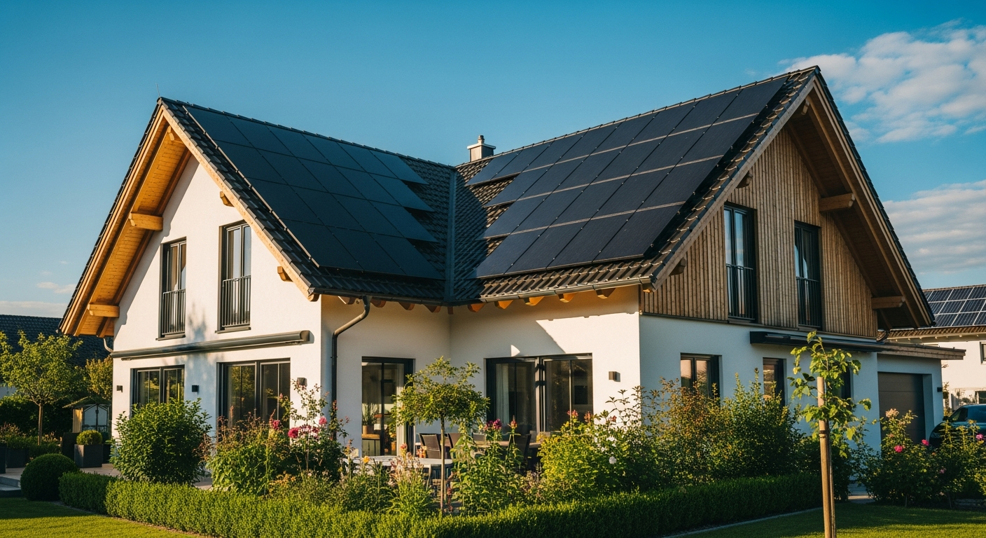 Modernes Eigenheim mit Photovoltaikanlage auf dem Dach