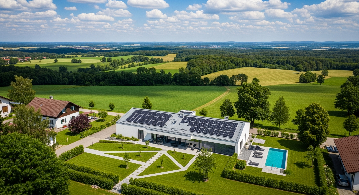 Luftaufnahme eines Hauses mit Solaranlage und Speicher