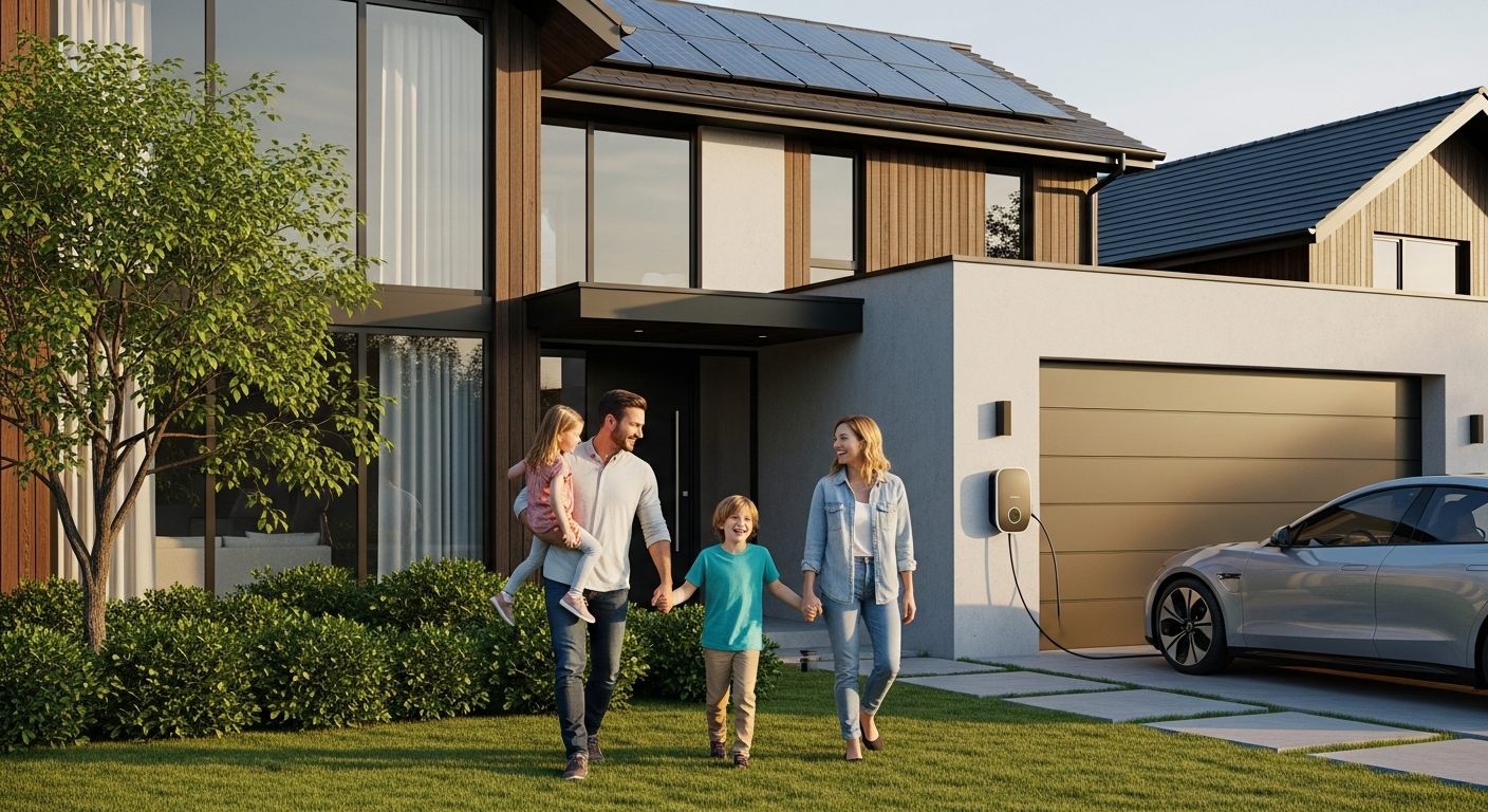 Familie vor Eigenheim mit E-Auto und Wallbox