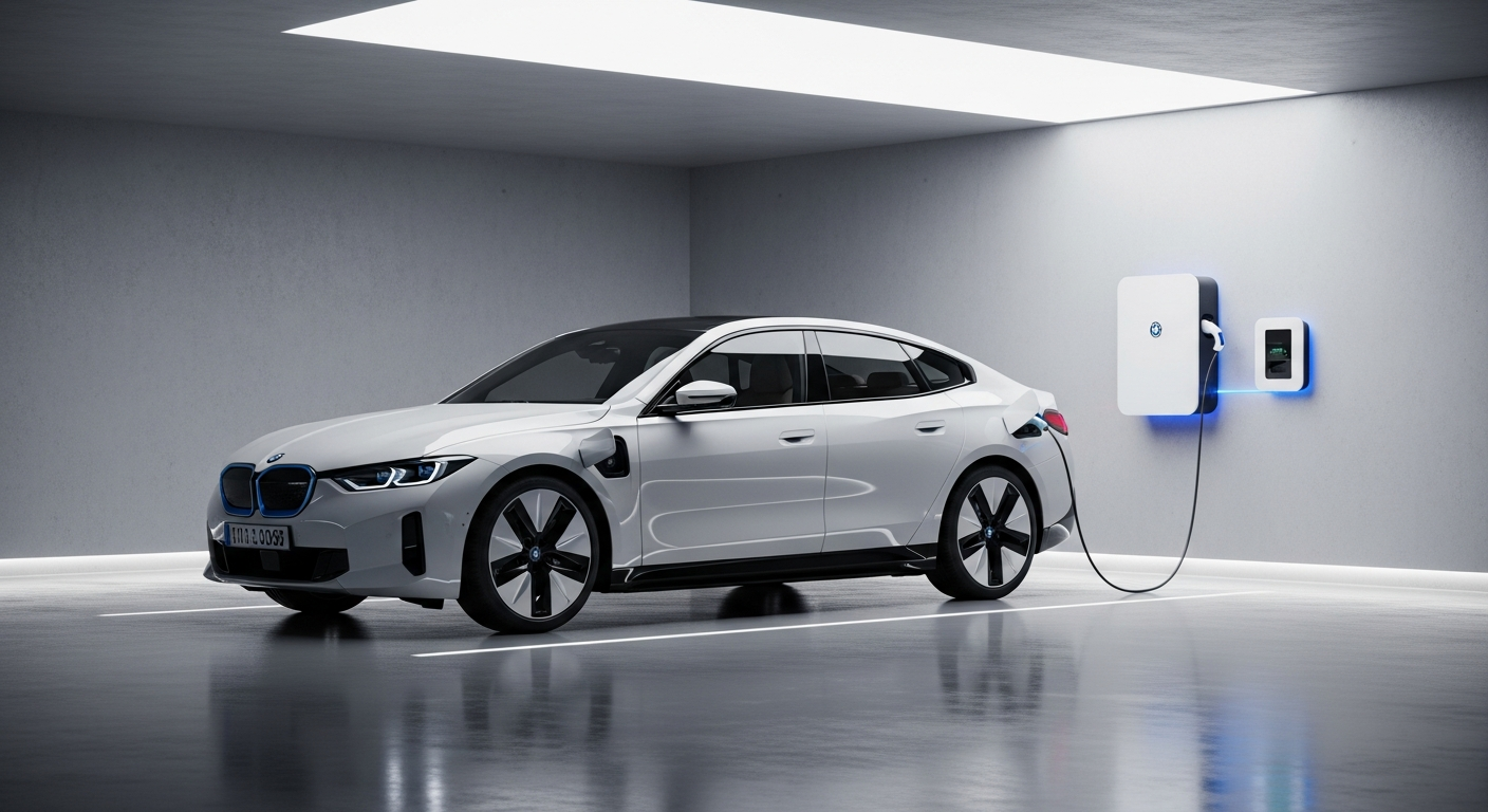 Elektroauto lädt an moderner Wallbox in Garage