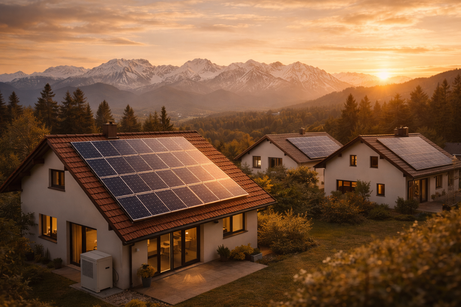 Siedlung mit Photovoltaikanlagen in der Münchner Region