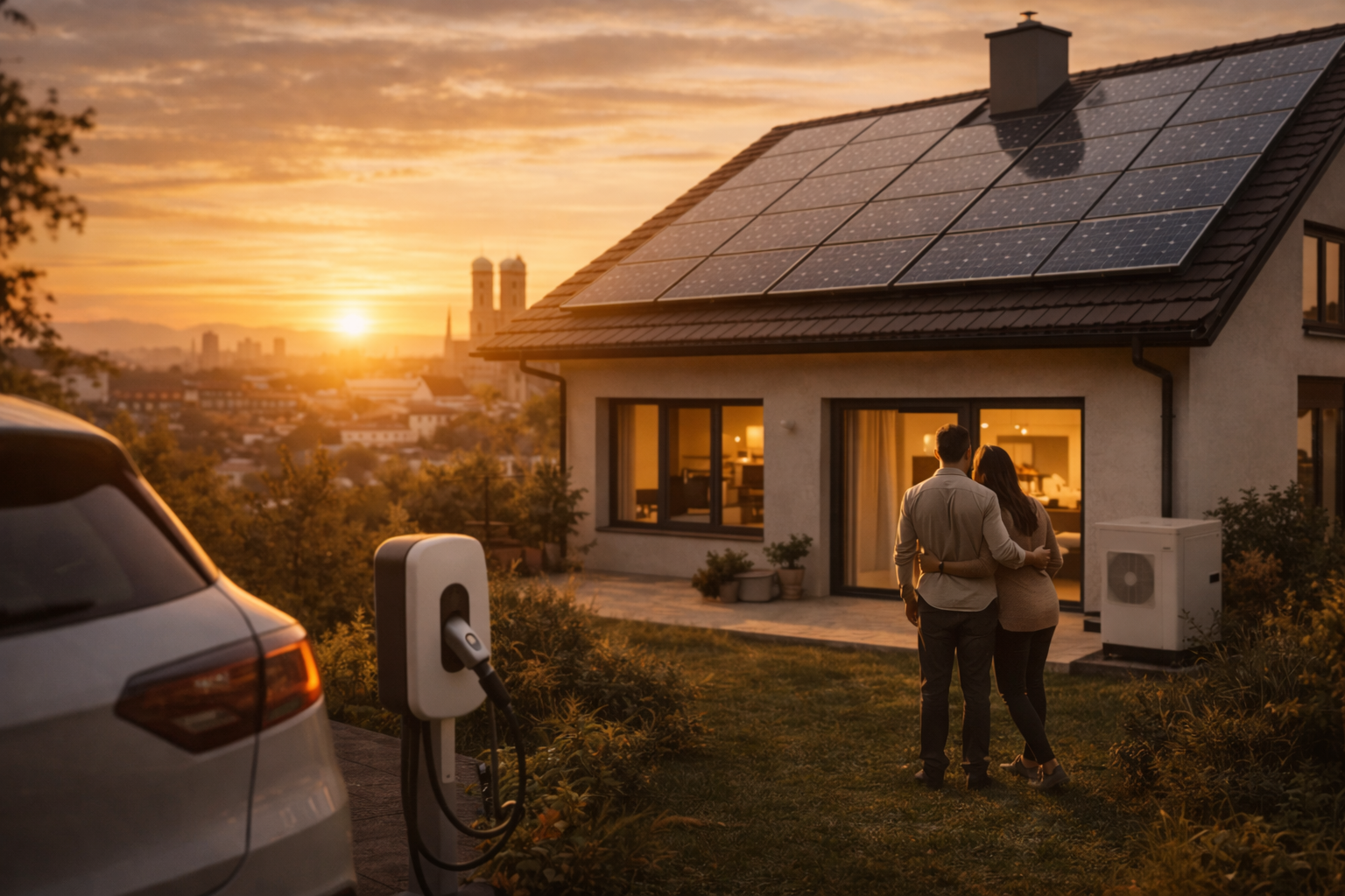 Haus mit Solaranlage, Wallbox und Wärmepumpe in München