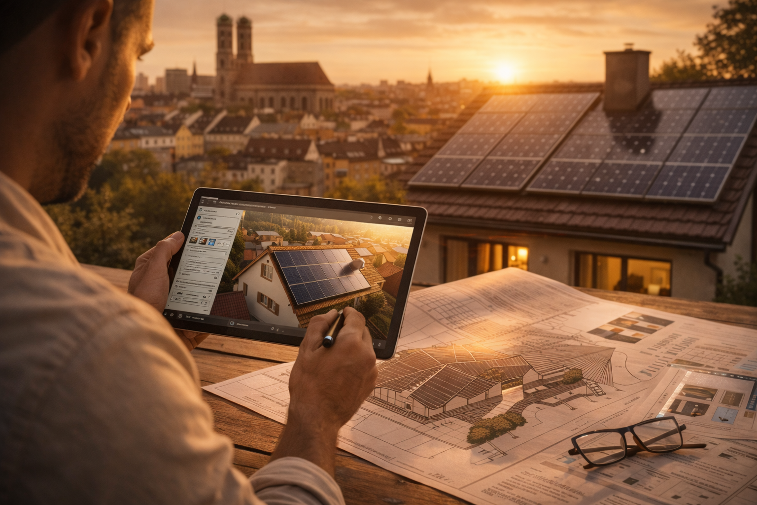 Solarplanung mit Tablet und Bauplänen in München