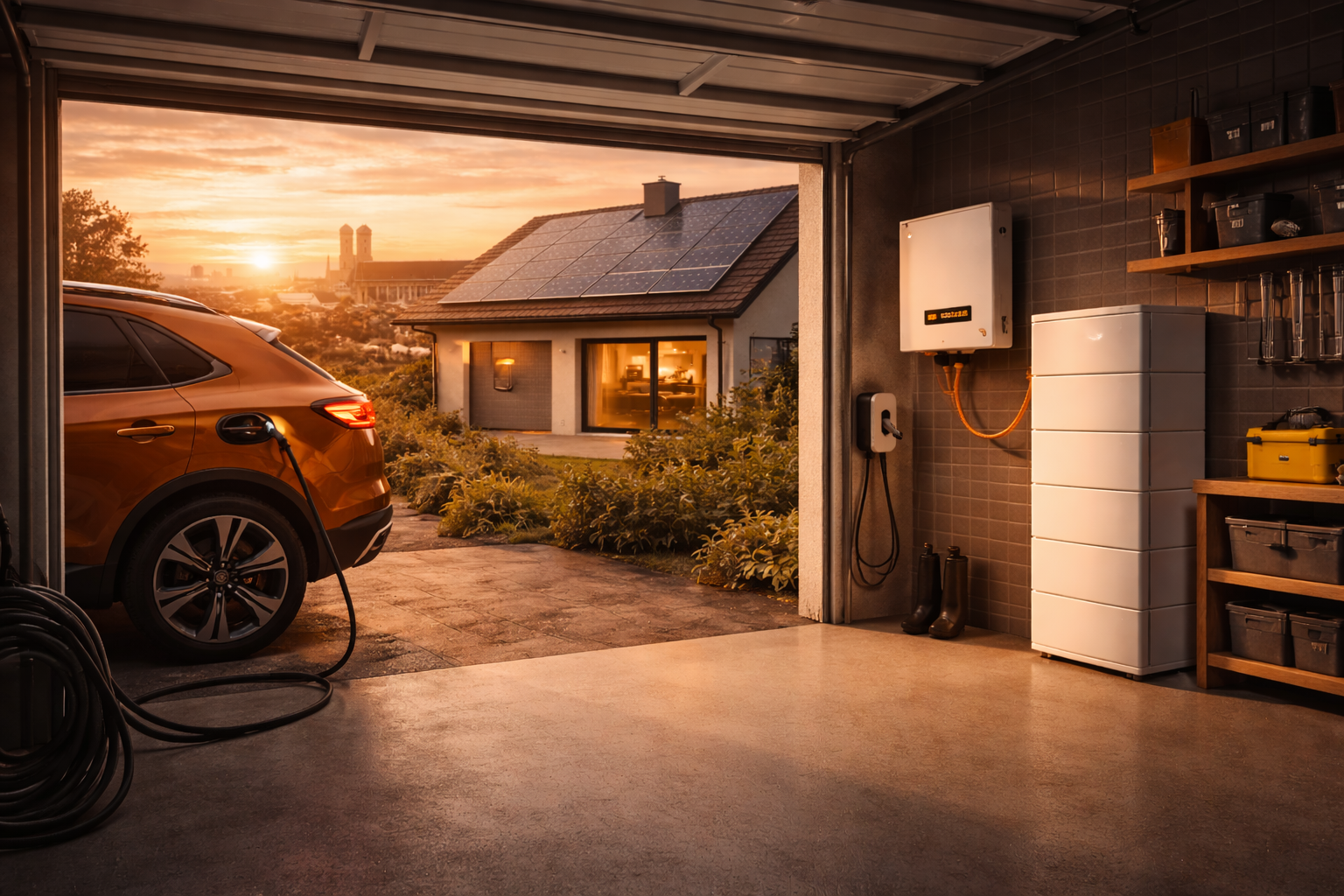 Batteriespeicher und Wallbox in Garage in München