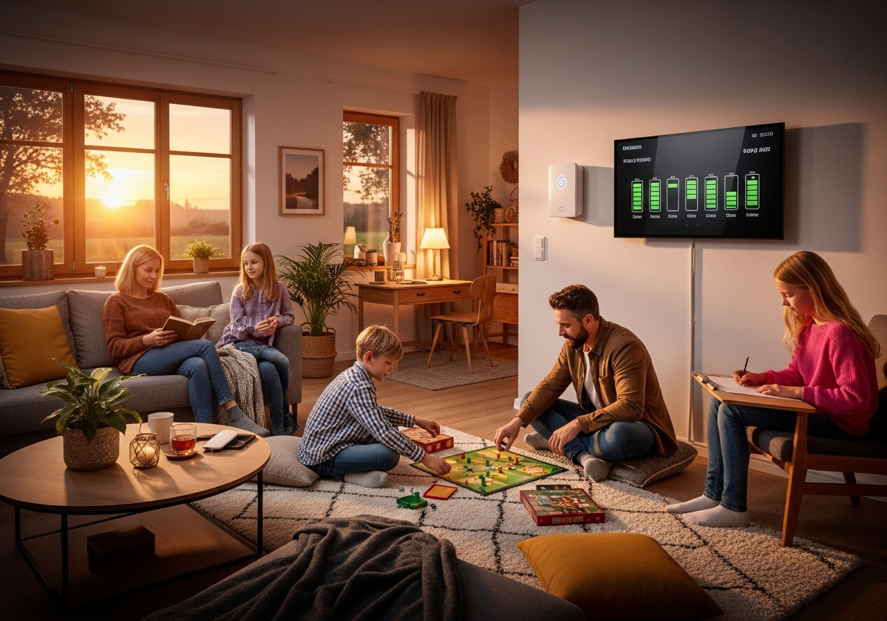 Familie mit solarbetriebenem Haus und Speicher