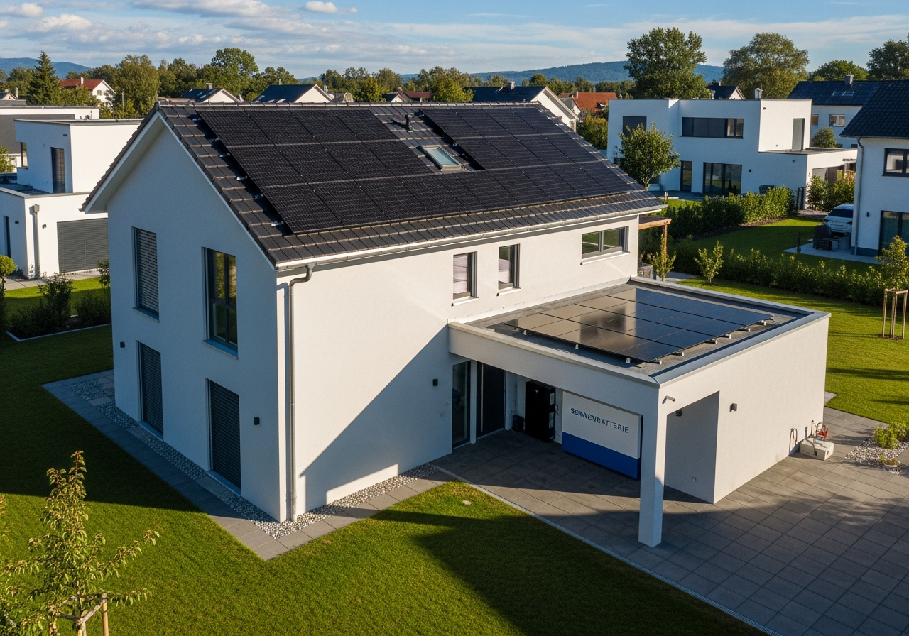 Luftaufnahme Solarhaus mit Batteriespeicher