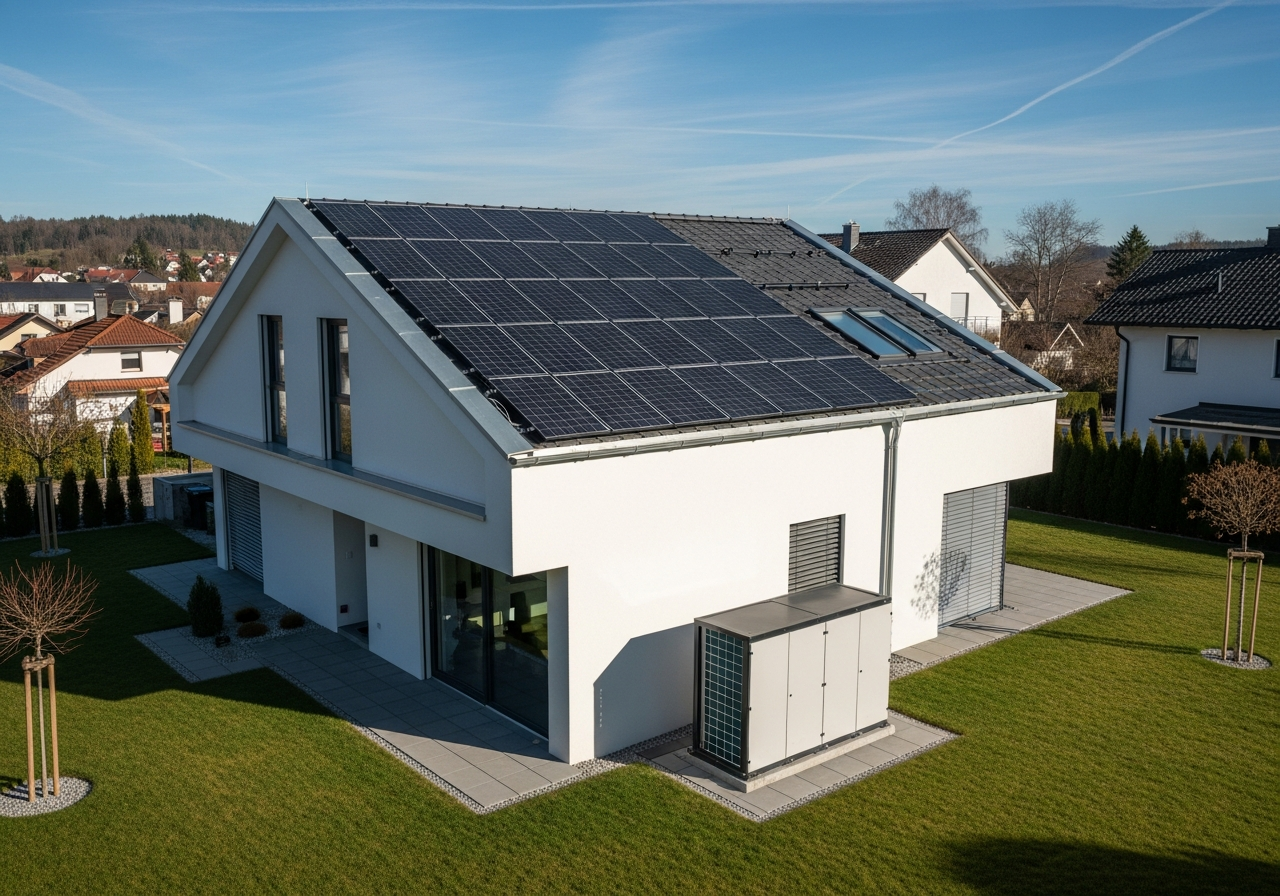 Batteriespeicher kombiniert mit Solaranlage auf dem Dach