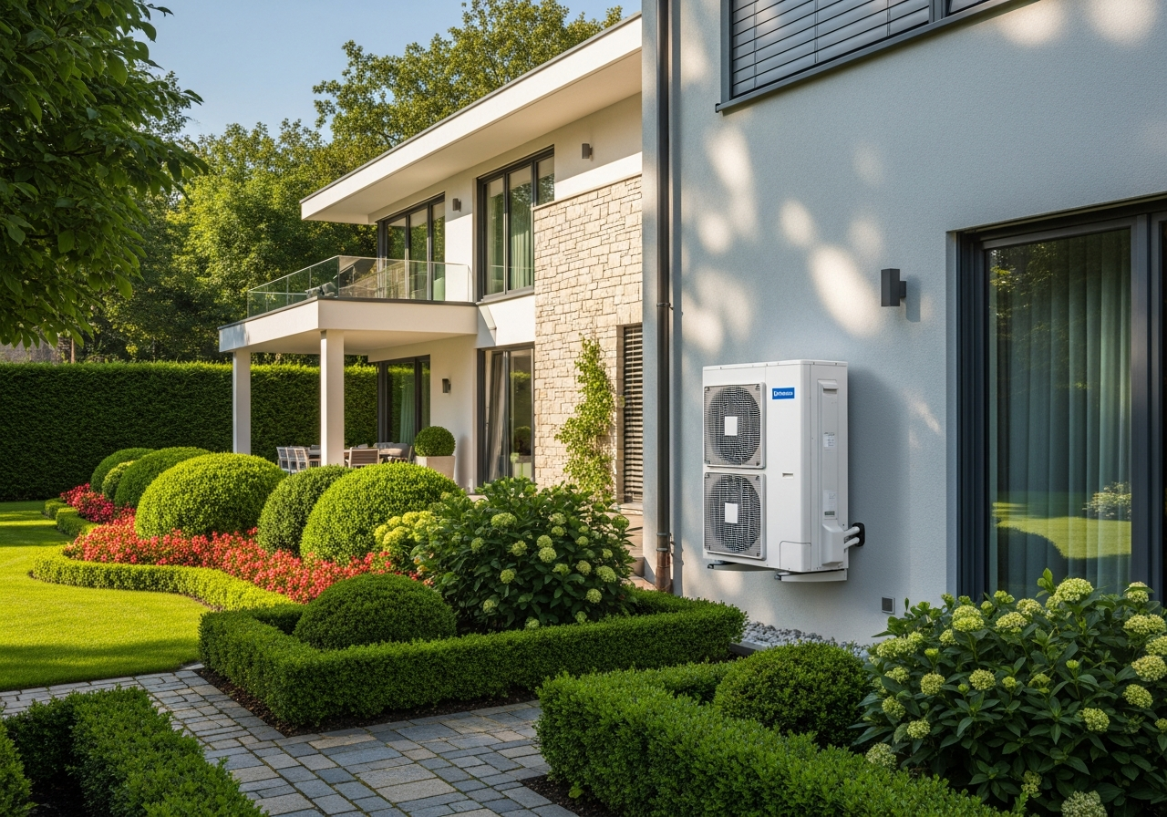 Moderne Wärmepumpe an Premium-Einfamilienhaus