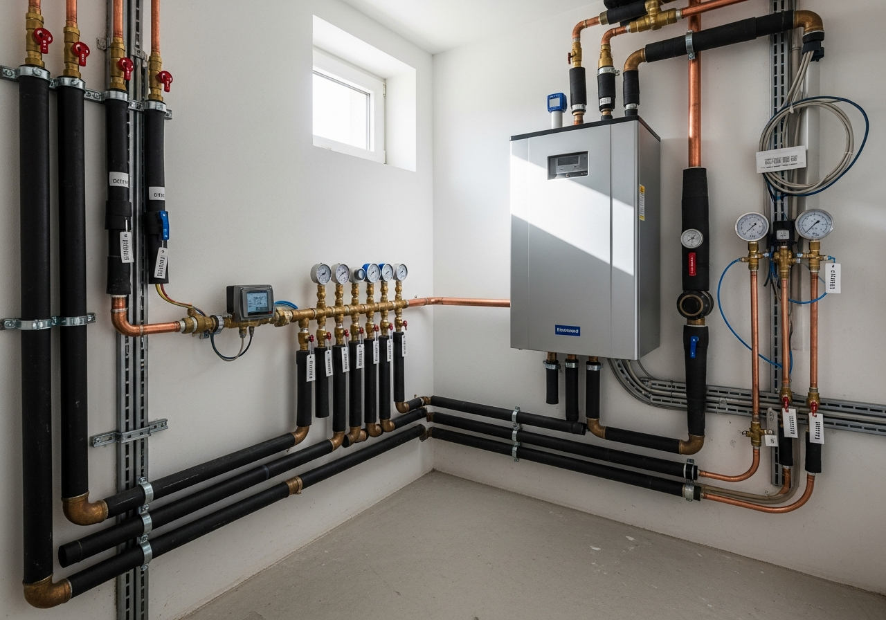 Professionelle Hydraulik-Installation für Wärmepumpe