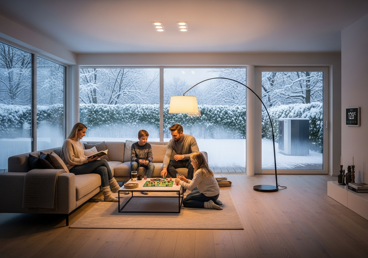 Familie genießt warmes Zuhause dank Wärmepumpe