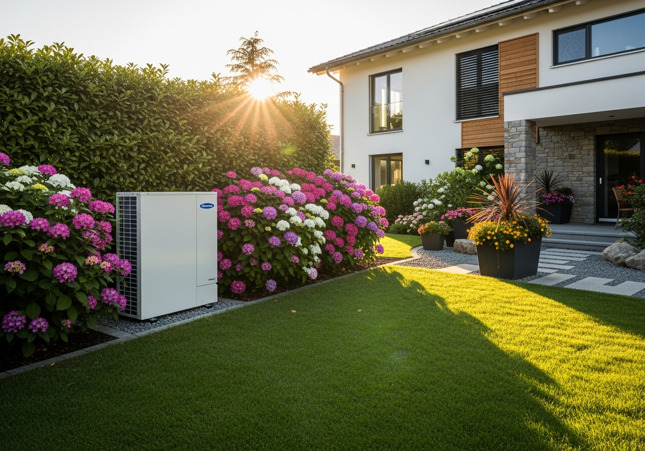 Wärmepumpe im Garten eines modernen Einfamilienhauses