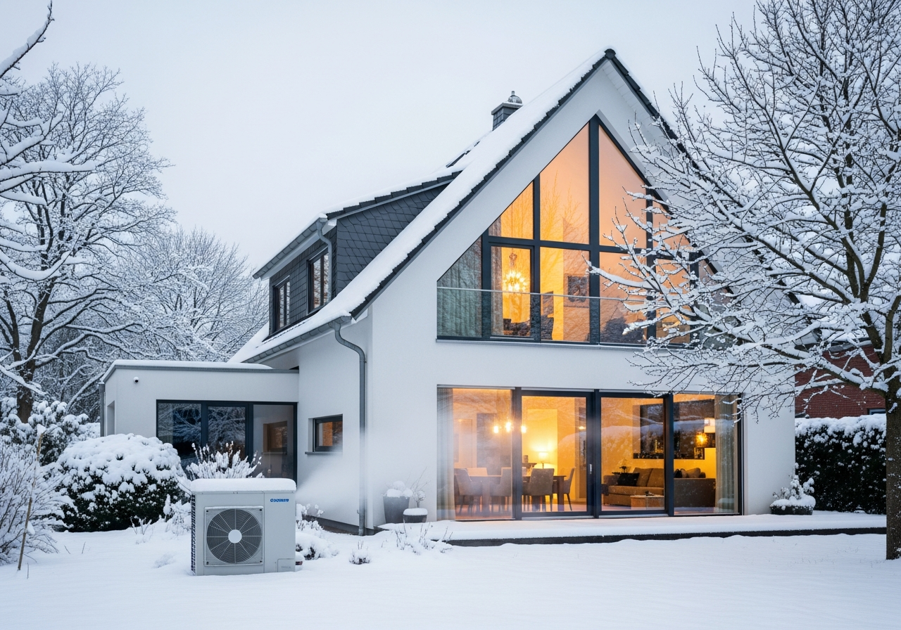 Wärmepumpe im Winterbetrieb am Eigenheim